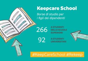 Il logo dell'iniziativa Keepcare School di Rekeep che sostiene i figli dei dipendenti negli studi