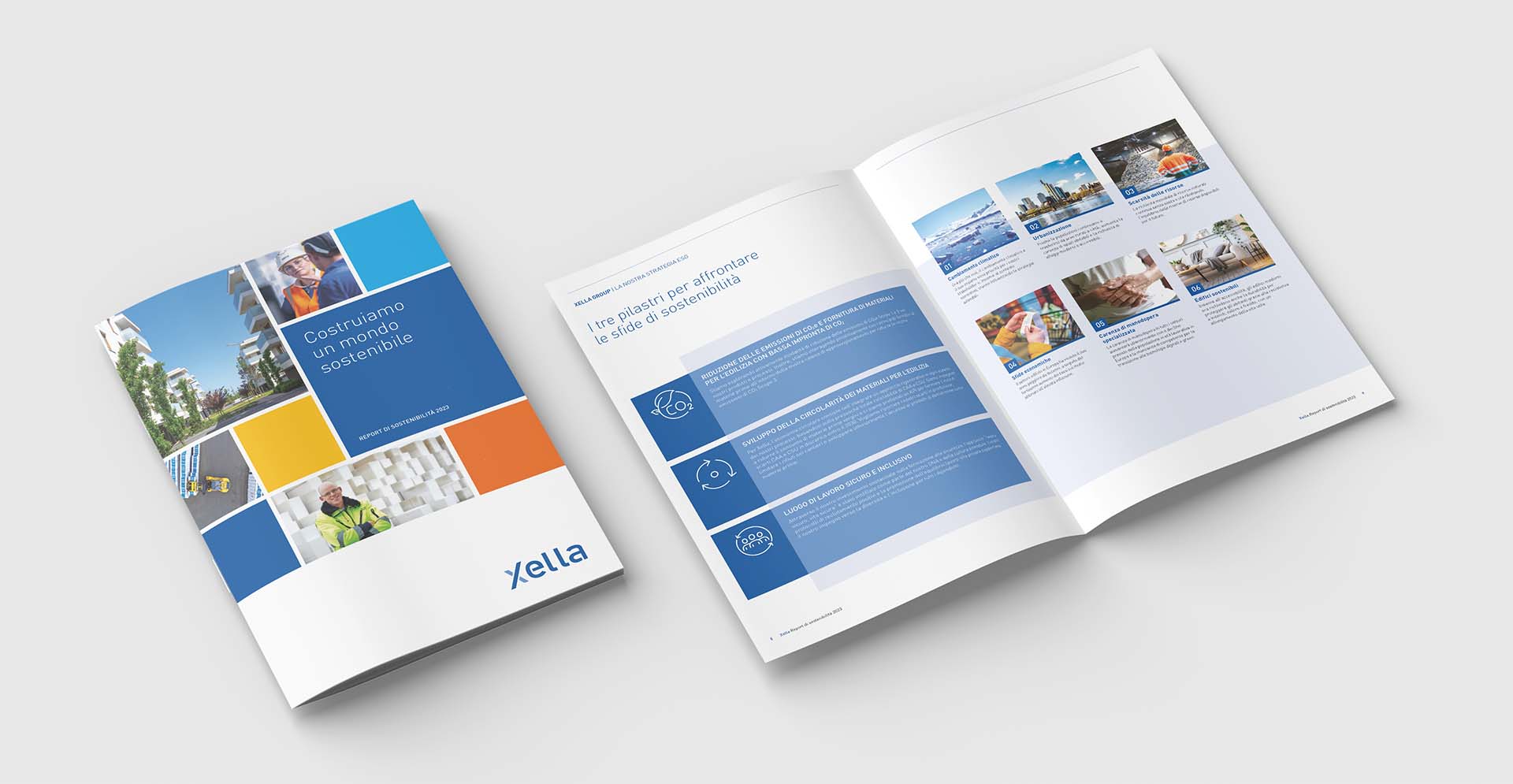 Copertina e pagine interne del report di sostenibilità 2023 di Xella