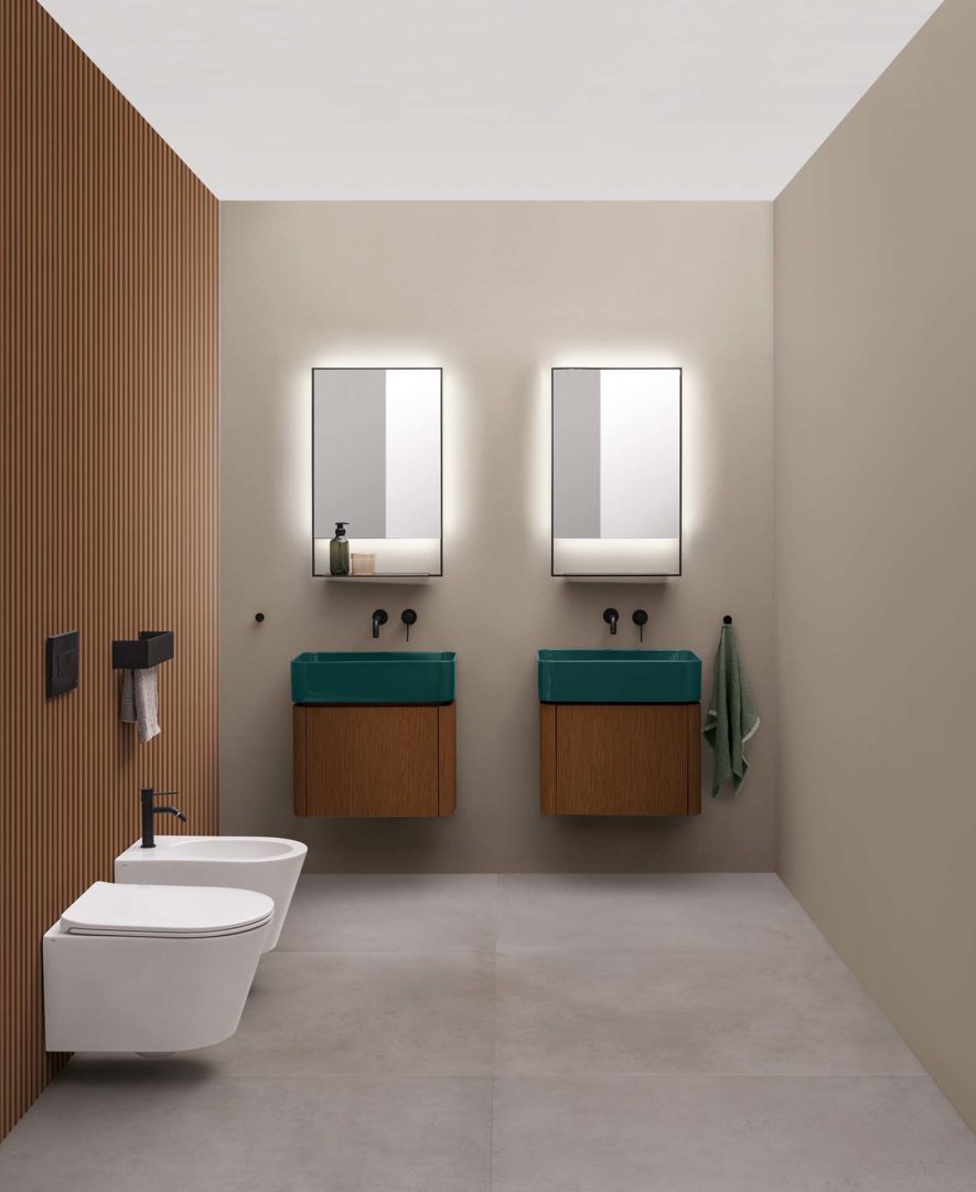 Spazio Colavene & Axa wc e bidet sospesi +Trentanove bianco matt ambientato