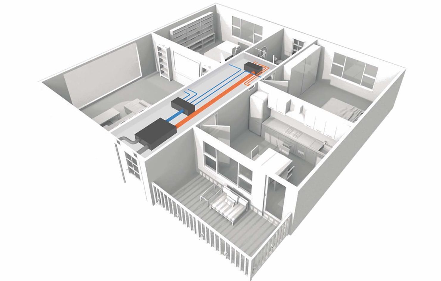 Rbm immagine 3D di una casa con schema dell'impianto Vmc