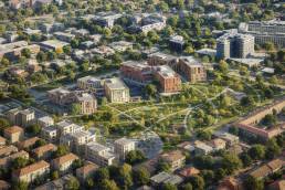 Masterplan della Cittadella della Sicurezza: integrazione tra edifici istituzionali compatti e sistema continuo di verde urbano, con rete di percorsi pedonali e ciclabili che connette il nuovo parco al tessuto cittadino esistente