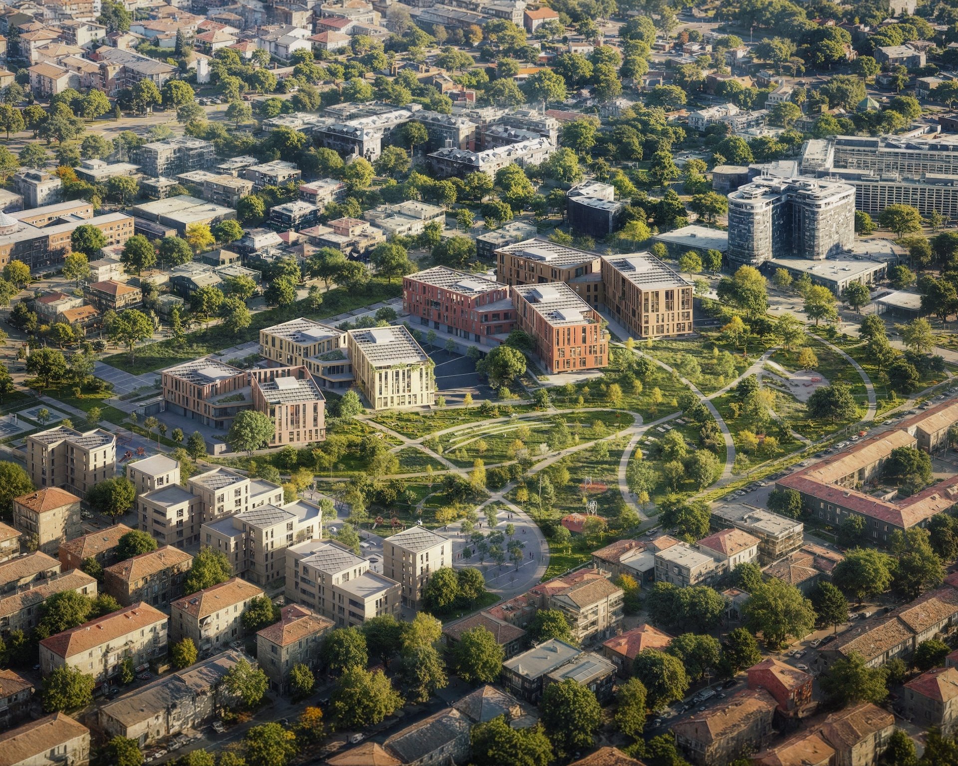 Masterplan della Cittadella della Sicurezza: integrazione tra edifici istituzionali compatti e sistema continuo di verde urbano, con rete di percorsi pedonali e ciclabili che connette il nuovo parco al tessuto cittadino esistente