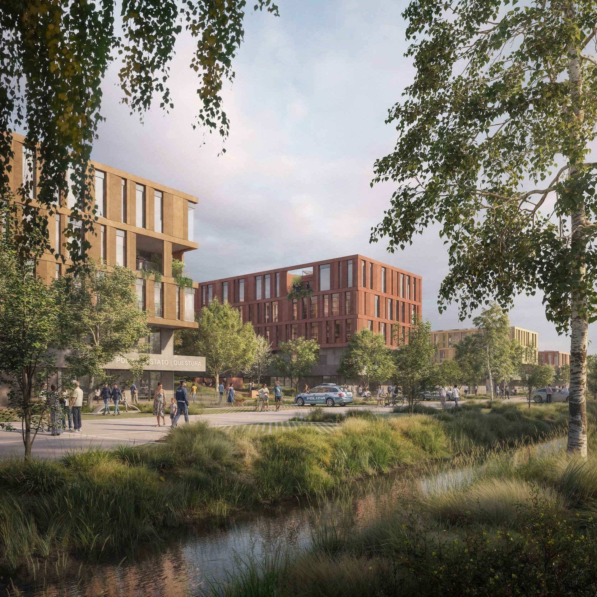 Nuovi volumi nZEB per le funzioni istituzionali: corpi edilizi articolati in altezza, caratterizzati da facciate modulari e integrazione del verde, affacciati su spazi pubblici permeabili e aree di servizio per la mobilità urbana | ©Secchi&Smith, Settanta7