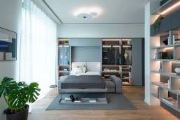Sistema Divano Tango, nella versione notte, integrato nel sistema a parete Making Room design Castiglia Associati